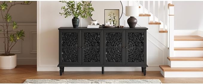 Black + Hlollow Carved Design + Solid Wood+mdf