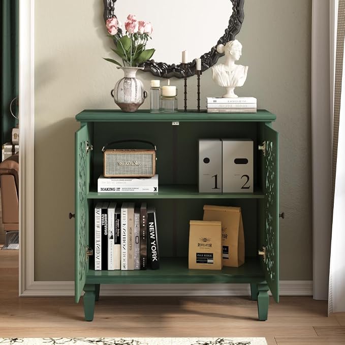 Antique Green 2 Door Cabinet + Hlollow Carved Design + Solid Wood+mdf