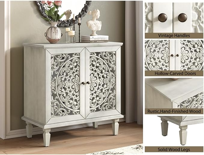 Antique Grey White 2 Door Cabinet + Hlollow Carved Design + Solid Wood+mdf