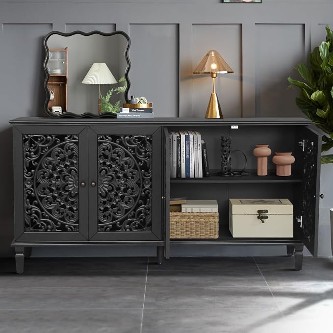 Black + Hlollow Carved Design + Solid Wood+mdf