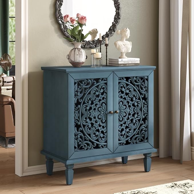 Antique Blue 2 Door Cabinet + Hlollow Carved Design + Solid Wood+mdf