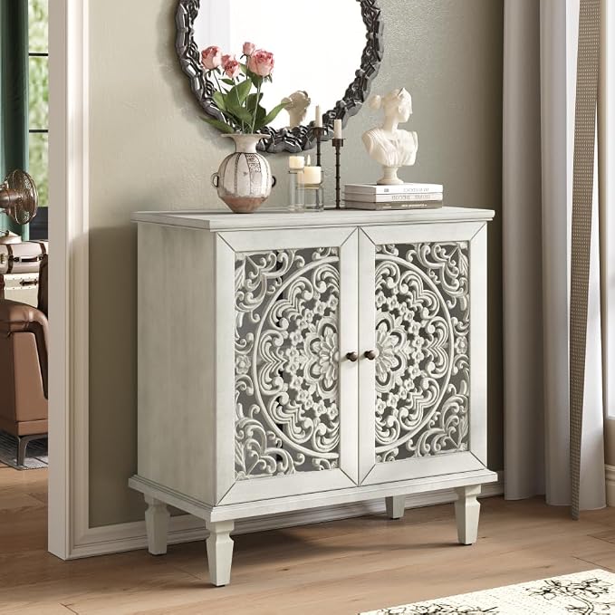 Antique Grey White 2 Door Cabinet + Hlollow Carved Design + Solid Wood+mdf