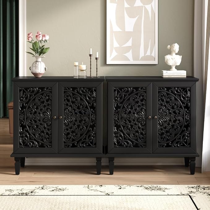 Black 2 Door Cabinet + Hlollow Carved Design + Solid Wood+mdf