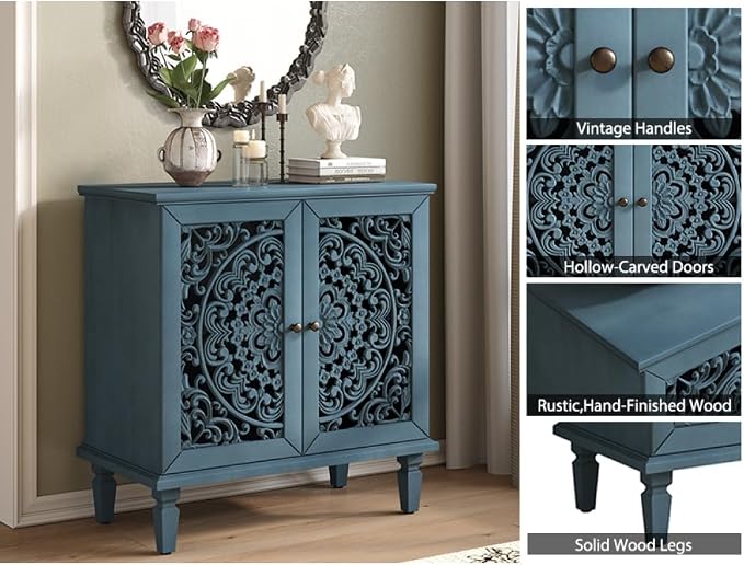 Antique Blue 2 Door Cabinet + Hlollow Carved Design + Solid Wood+mdf