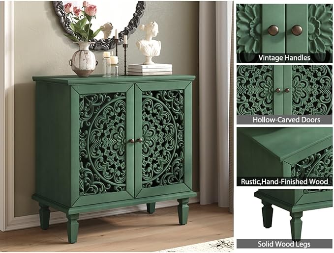 Antique Green 2 Door Cabinet + Hlollow Carved Design + Solid Wood+mdf