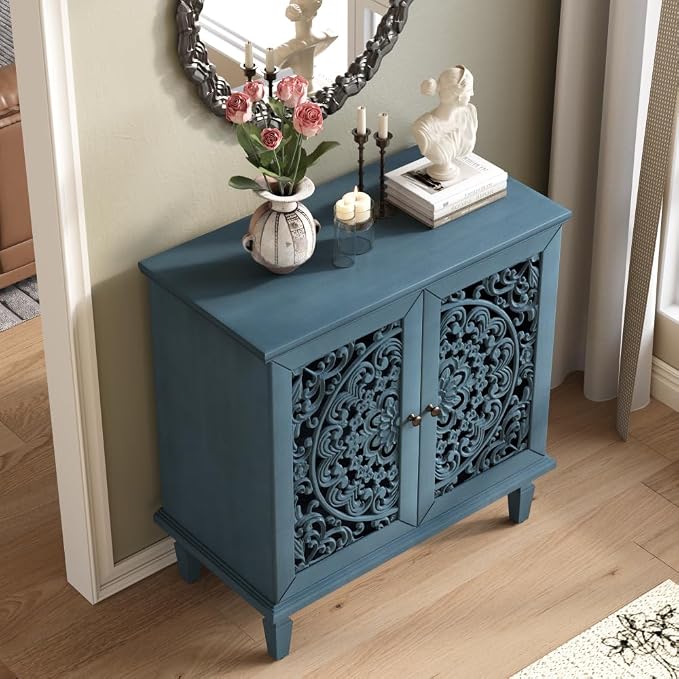 Antique Blue 2 Door Cabinet + Hlollow Carved Design + Solid Wood+mdf