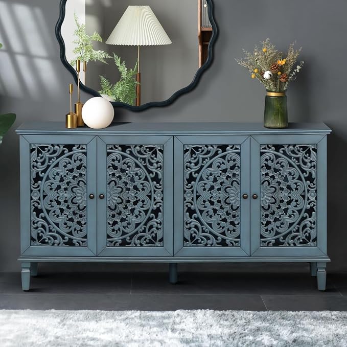 Antique Blue + Hlollow Carved Design + Solid Wood+mdf