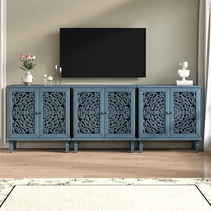 Antique Blue 2 Door Cabinet + Hlollow Carved Design + Solid Wood+mdf
