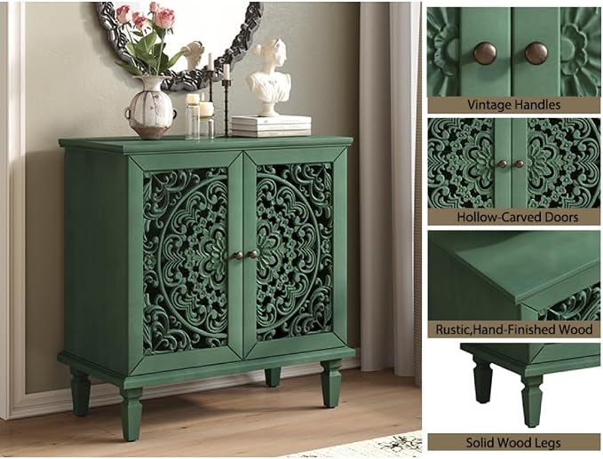 Antique Green 2 Door Cabinet + Hlollow Carved Design + Solid Wood+mdf
