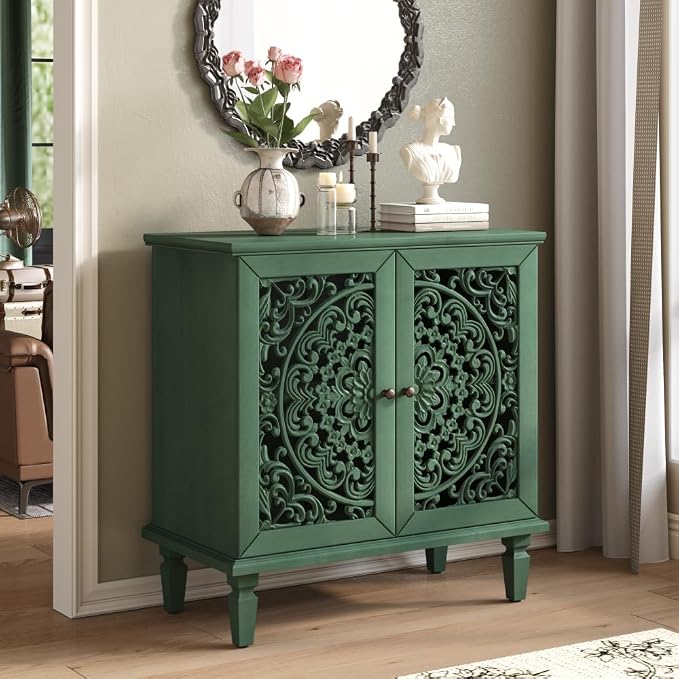 Antique Green 2 Door Cabinet + Hlollow Carved Design + Solid Wood+mdf