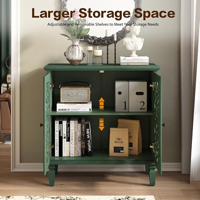 Antique Green 2 Door Cabinet + Hlollow Carved Design + Solid Wood+mdf