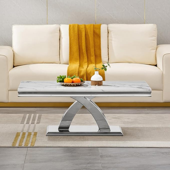 X-shape Base Coffee Table - White & Silver
