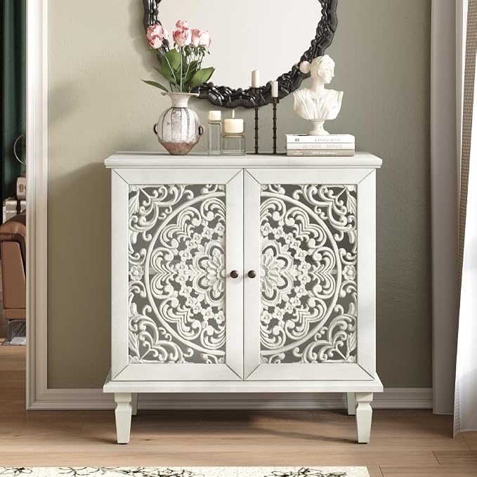 Antique Grey White 2 Door Cabinet + Hlollow Carved Design + Solid Wood+mdf