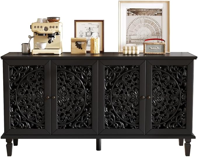 Black + Hlollow Carved Design + Solid Wood+mdf