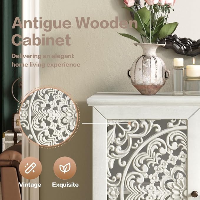 Antique Grey White 2 Door Cabinet + Hlollow Carved Design + Solid Wood+mdf