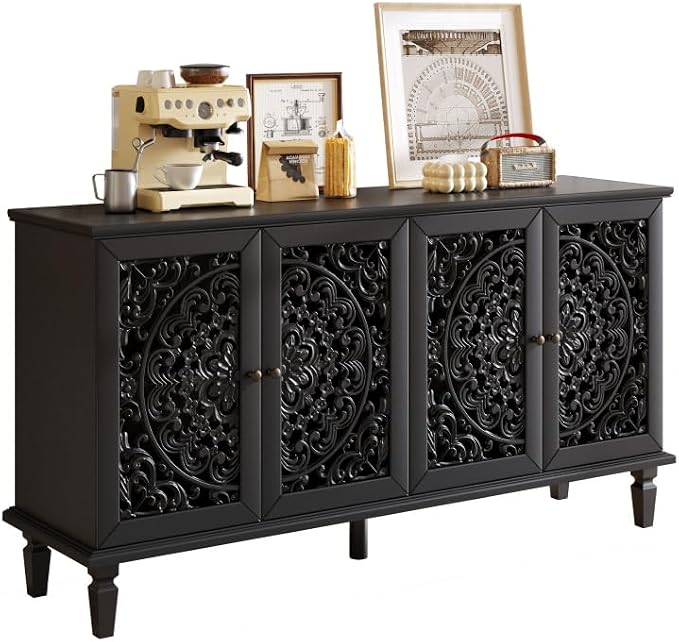 Black + Hlollow Carved Design + Solid Wood+mdf