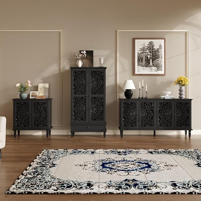 Black 2 Door Cabinet + Hlollow Carved Design + Solid Wood+mdf