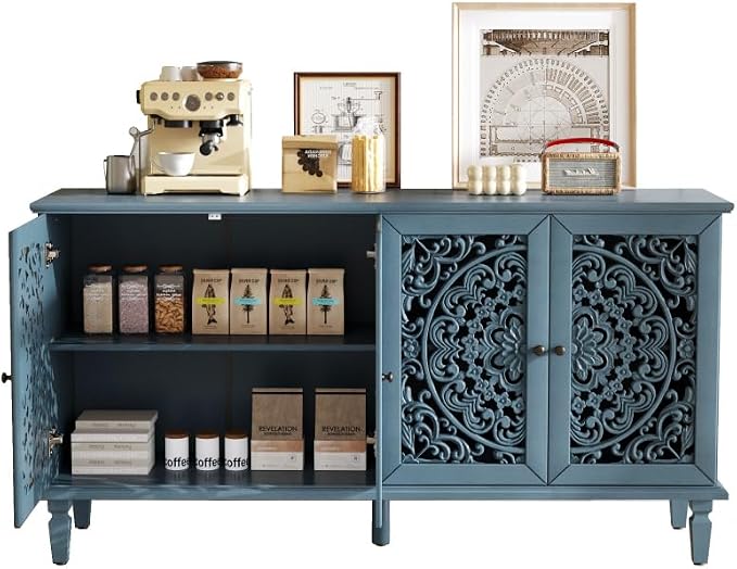 Antique Blue + Hlollow Carved Design + Solid Wood+mdf
