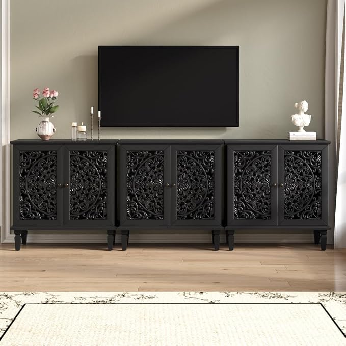 Black 2 Door Cabinet + Hlollow Carved Design + Solid Wood+mdf