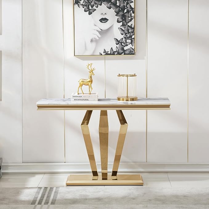 Diamond Base Console Table - White & Gold