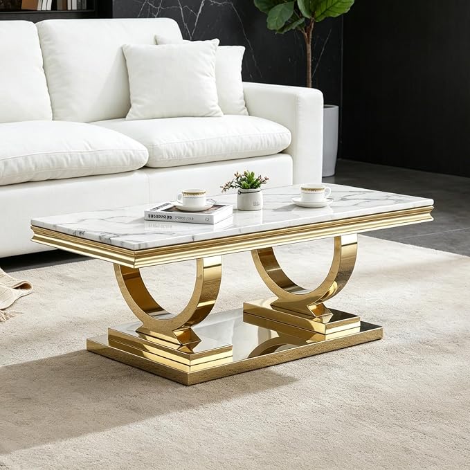 White & Gold Faux Marble Coffee Table