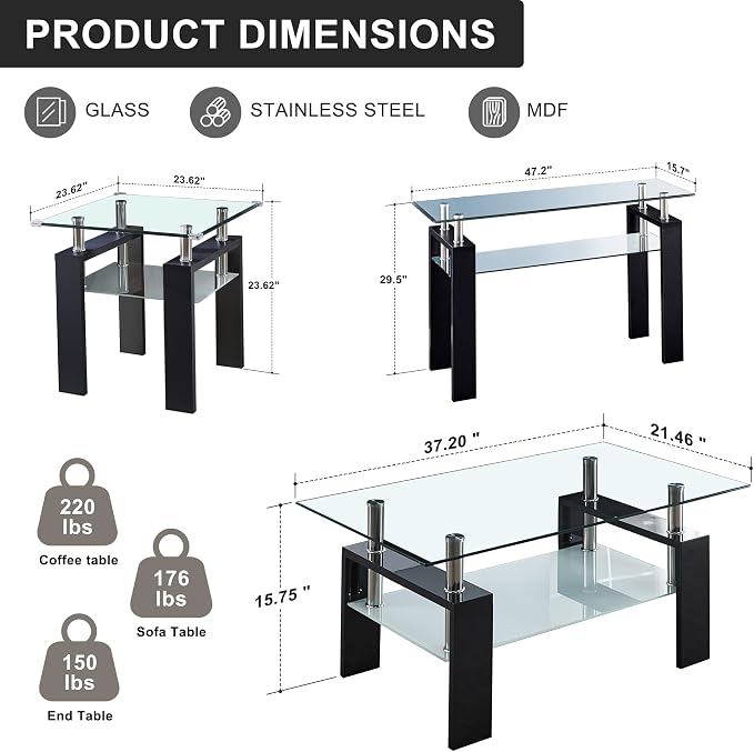 Clear Black Table + Black End Table + Black Console Table