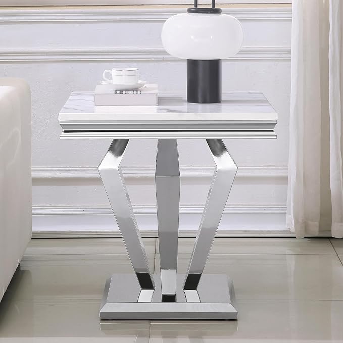 Diamond Base End Table - White & Silver