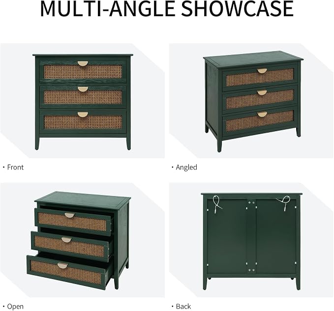 Green Rattan 3 Drawer Cabinet, 2 Pcs