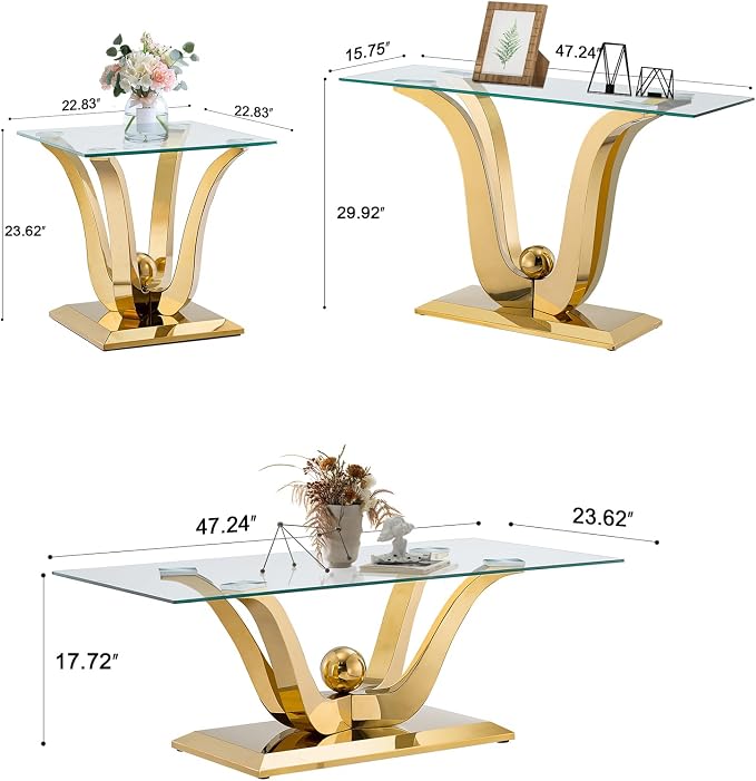 Gold-1 Coffee Table+1 End Table+1 Sofa Table
