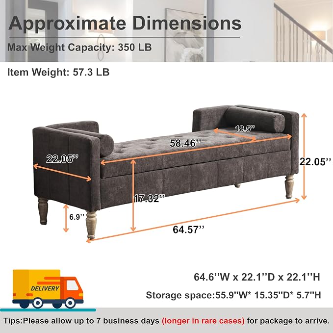 64.6'' W Dark Charcoal Brown - Wood Legs