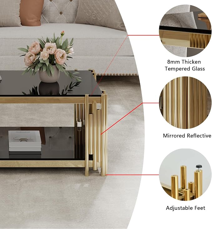Black Glass and Gold Frame Adjustable Legs