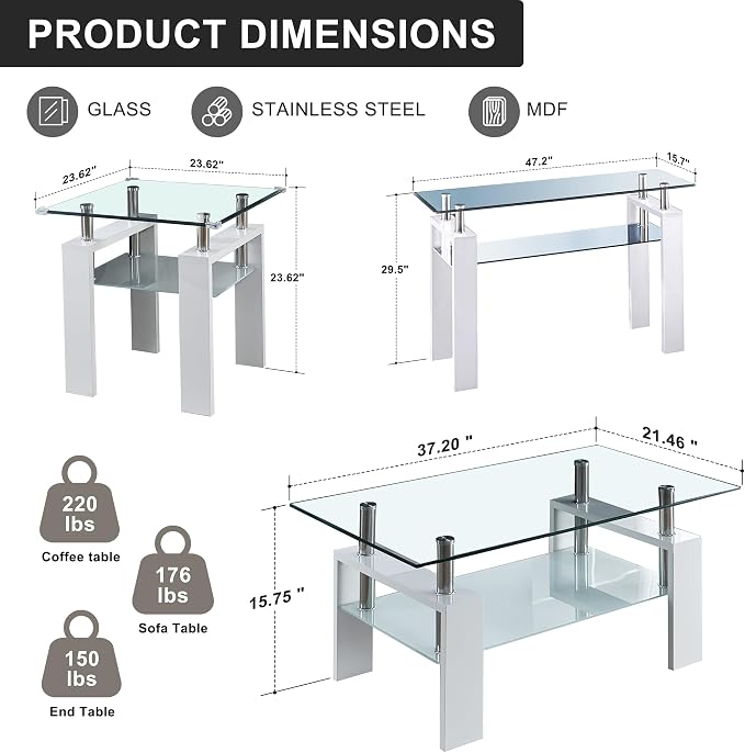 Clear White Table + White End Table + White Console Table