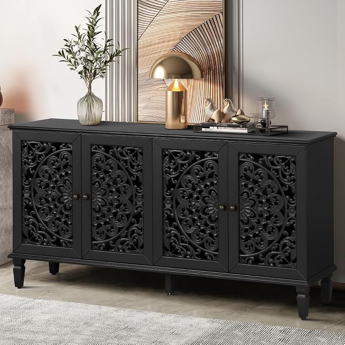 Black + Hlollow Carved Design + Solid Wood+mdf