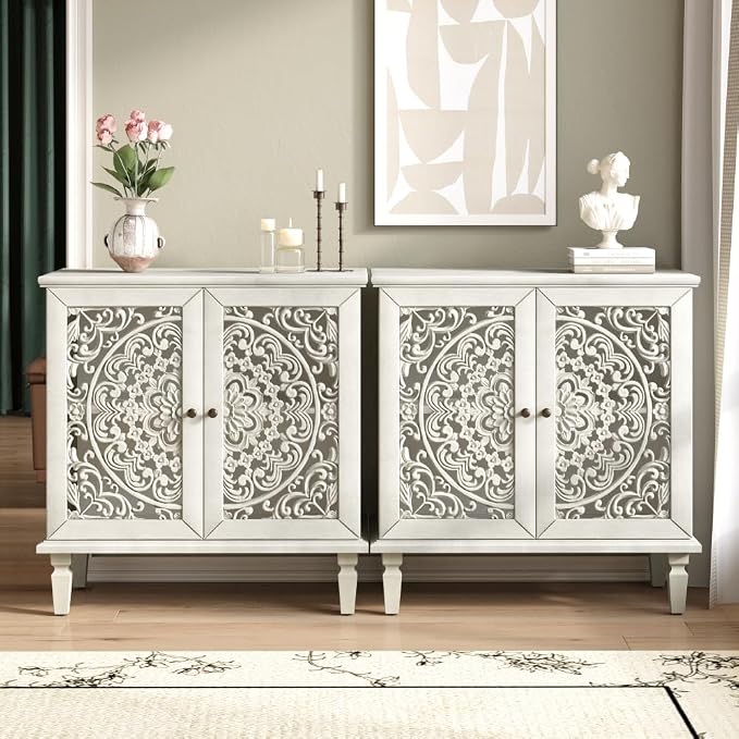 Antique Grey White 2 Door Cabinet + Hlollow Carved Design + Solid Wood+mdf