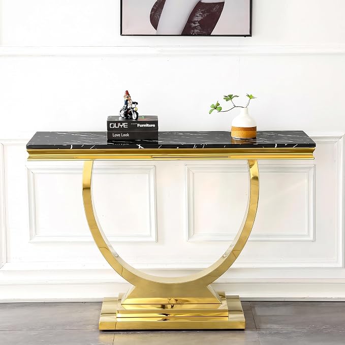 Black & Gold Faux Marble Console Table