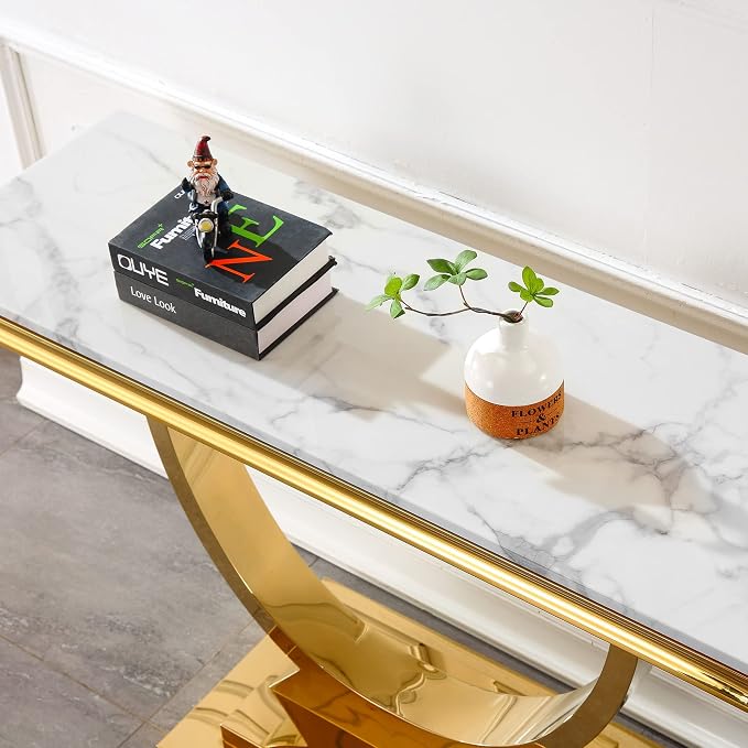 White & Gold Faux Marble Console Table