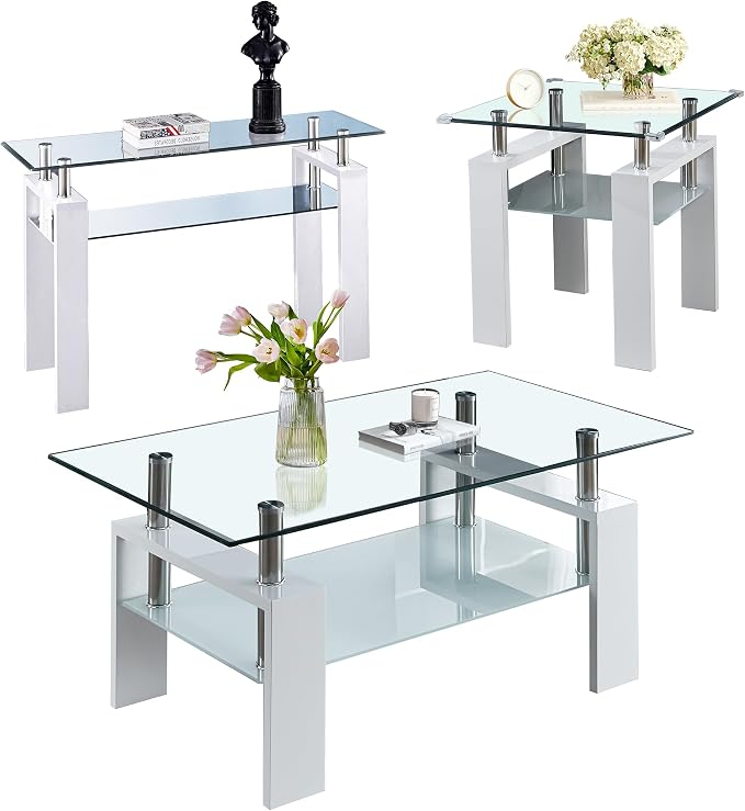 Clear White Table + White End Table + White Console Table
