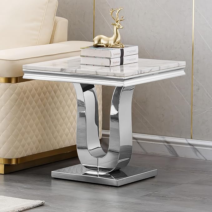 U Base - White & Silver Faux Marble End Table