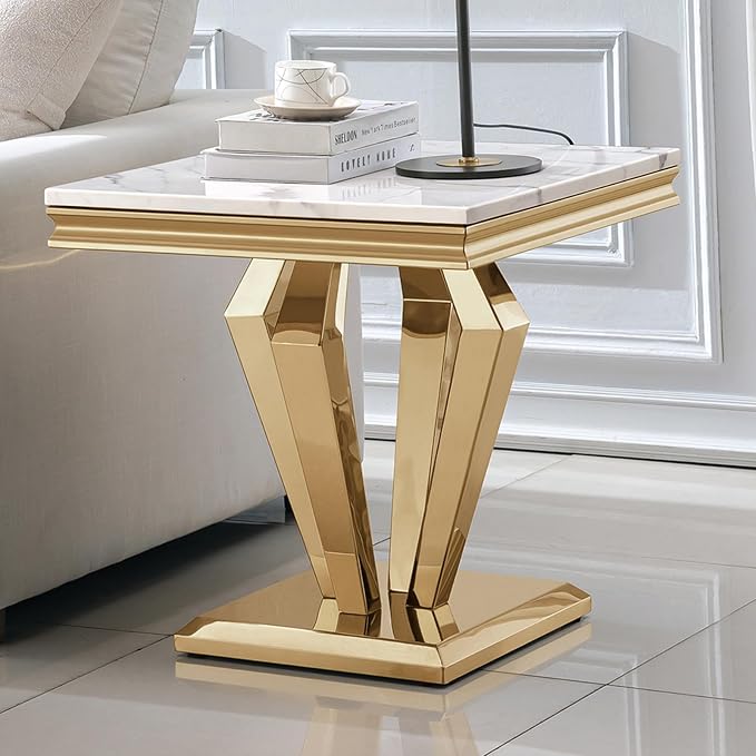 Diamond Base End Table - White & Gold