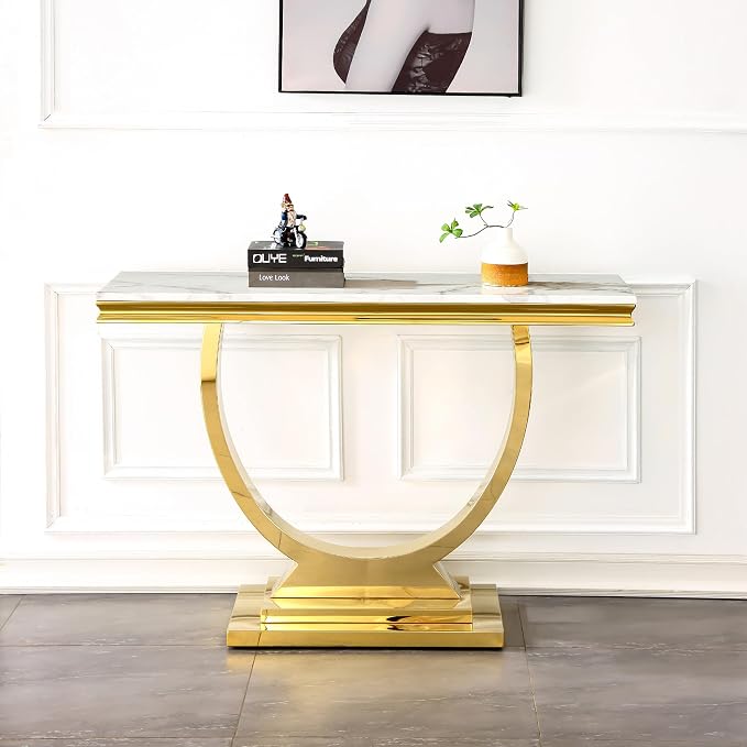 White & Gold Faux Marble Console Table