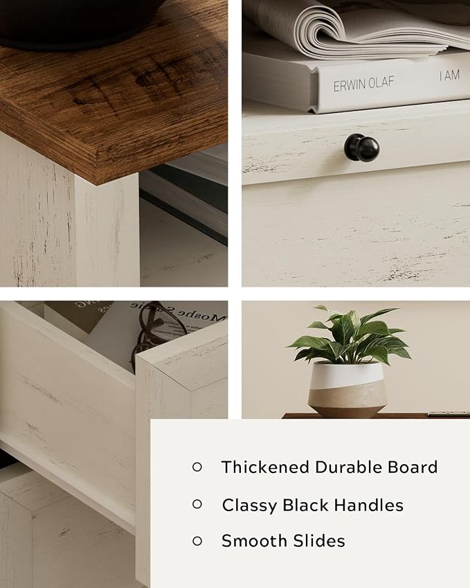 2 Drawers/Rustic White + Honey Brown