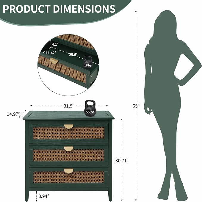 Green Rattan 3 Drawer Cabinet, 1 Pcs