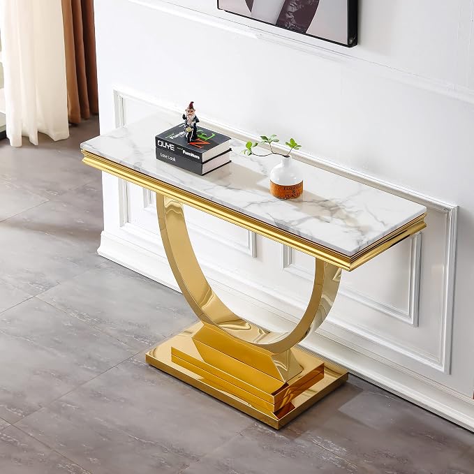 White & Gold Faux Marble Console Table