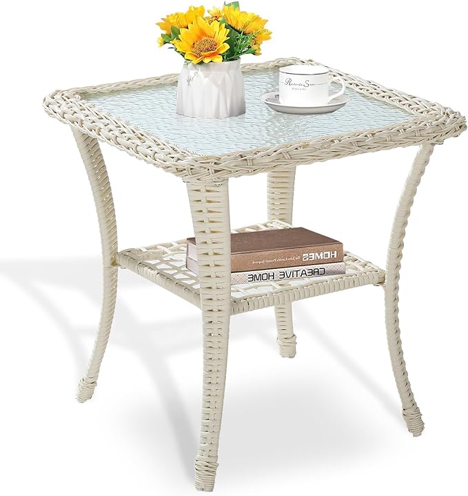 Cream White Wicker/Glass Top