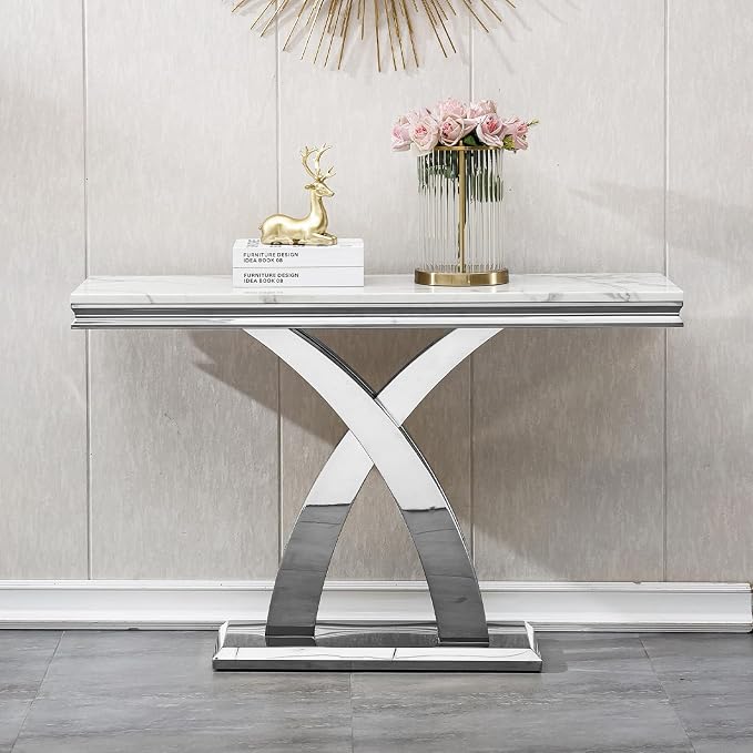 X-shape Base Console Table - White & Silver