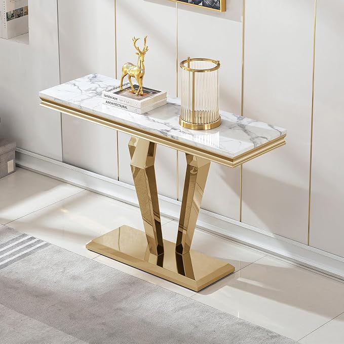 Diamond Base Console Table - White & Gold