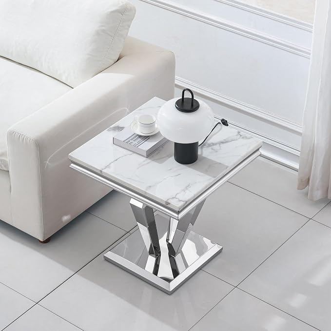 Diamond Base End Table - White & Silver