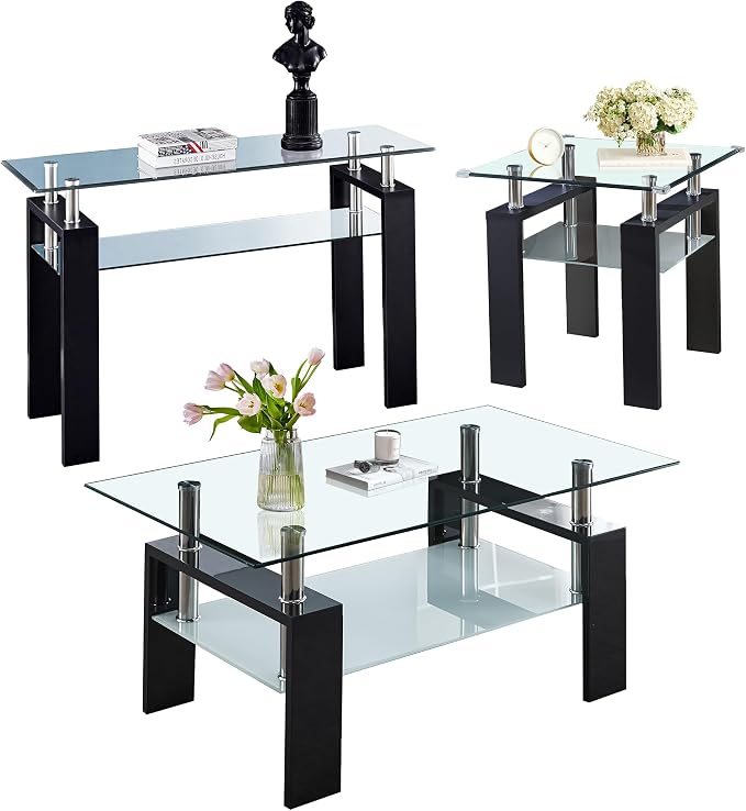 Clear Black Table + Black End Table + Black Console Table