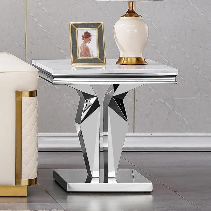 Faux Marble End Table - White & Silver