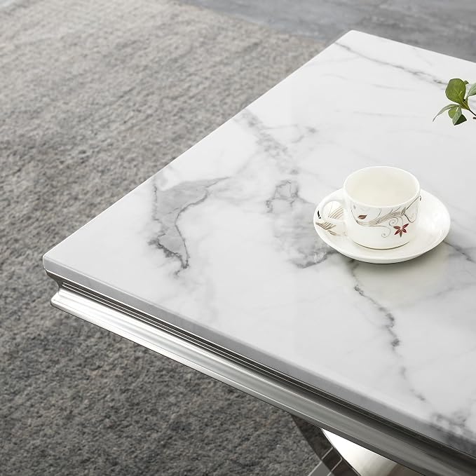 White & Silver Faux Marble End Table